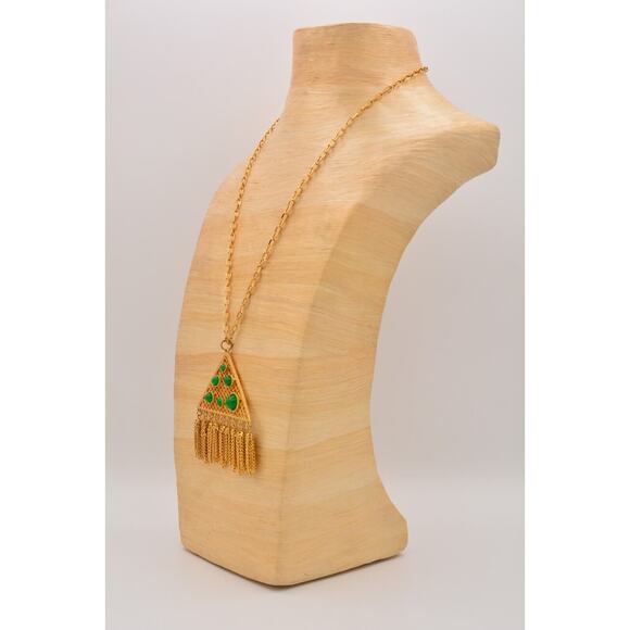 Cabochon Chain Tassel Necklace Pendant Green Gold Tone Dangle Vintage BinR - Picture 8 of 12